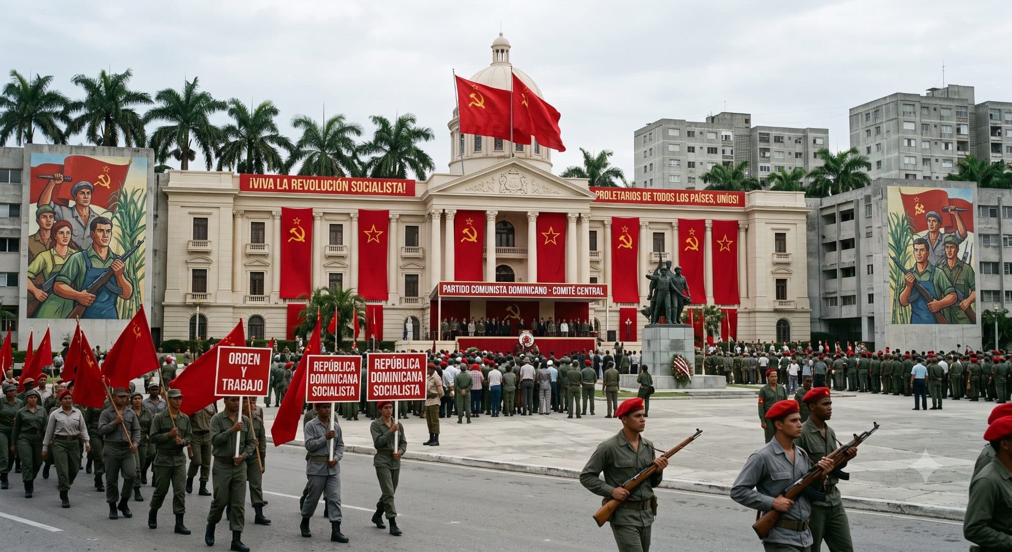 Una plaza gris frente al Palacio Nacional dominicano, bajo un cielo nublado. Una sola bandera roja con la hoz y el martillo ondea en la cúpula. Pocas personas caminan en el centro, y en primer plano hay carteles toscos de metal con las frases "Orden y Trabajo" y "República Dominicana Socialista".