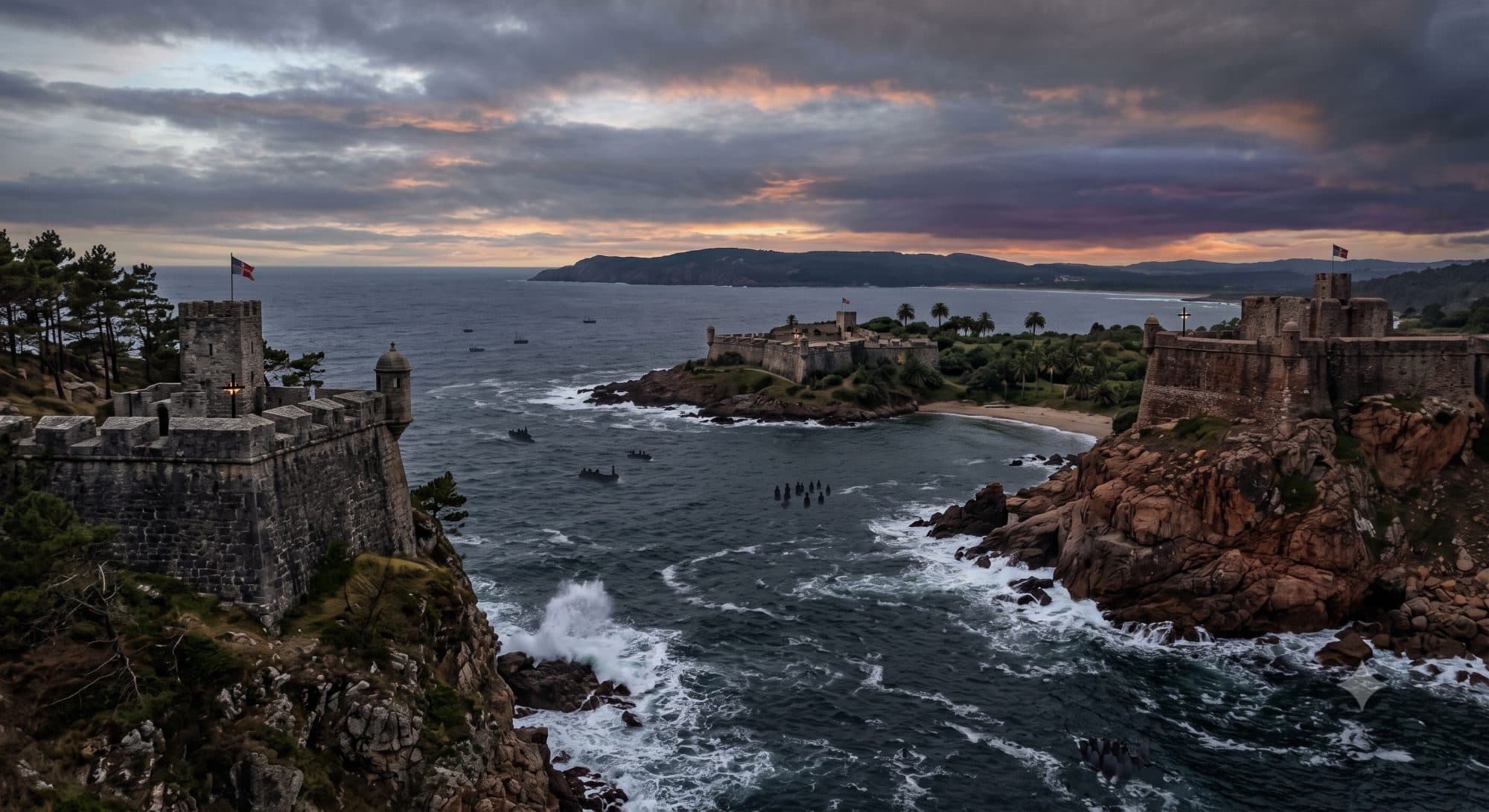 Tres fortalezas medievales de piedra se alzan sobre acantilados rocosos, custodiando un mar oscuro y agitado bajo un cielo tormentoso de atardecer. Pequeñas embarcaciones navegan en el agua mientras las olas rompen con fuerza contra las rocas.
