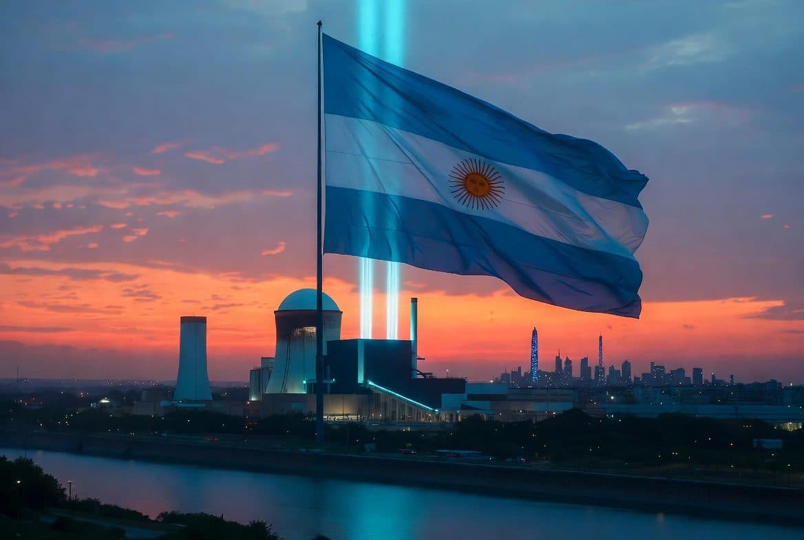 Bandera argentina ondeando con orgullo al atardecer. En el fondo, la Central Nuclear Atucha junto al río Paraná, con su cúpula iluminada y un haz de luz azul nuclear ascendiendo al cielo. Horizonte de Buenos Aires futurista con luces de la ciudad. Atmósfera épica de soberanía tecnológica.
