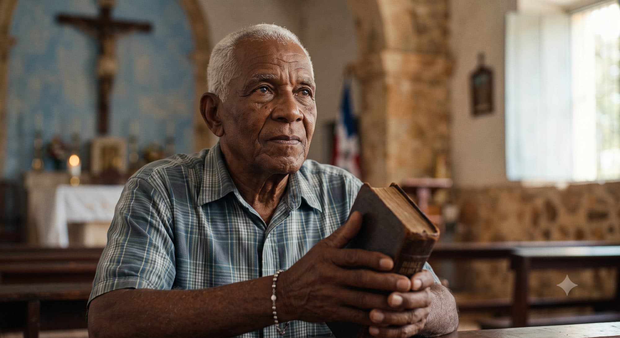 Un primer plano de un anciano dominicano con cabello blanco y una camisa a cuadros, sentado en un banco de madera de una iglesia. Sus manos curtidas sostienen una biblia vieja y gastada, y un rosario está envuelto alrededor de su muñeca. El fondo está desenfocado, mostrando el altar.